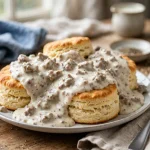Biscuits covered in creamy sausage gravy on a plate