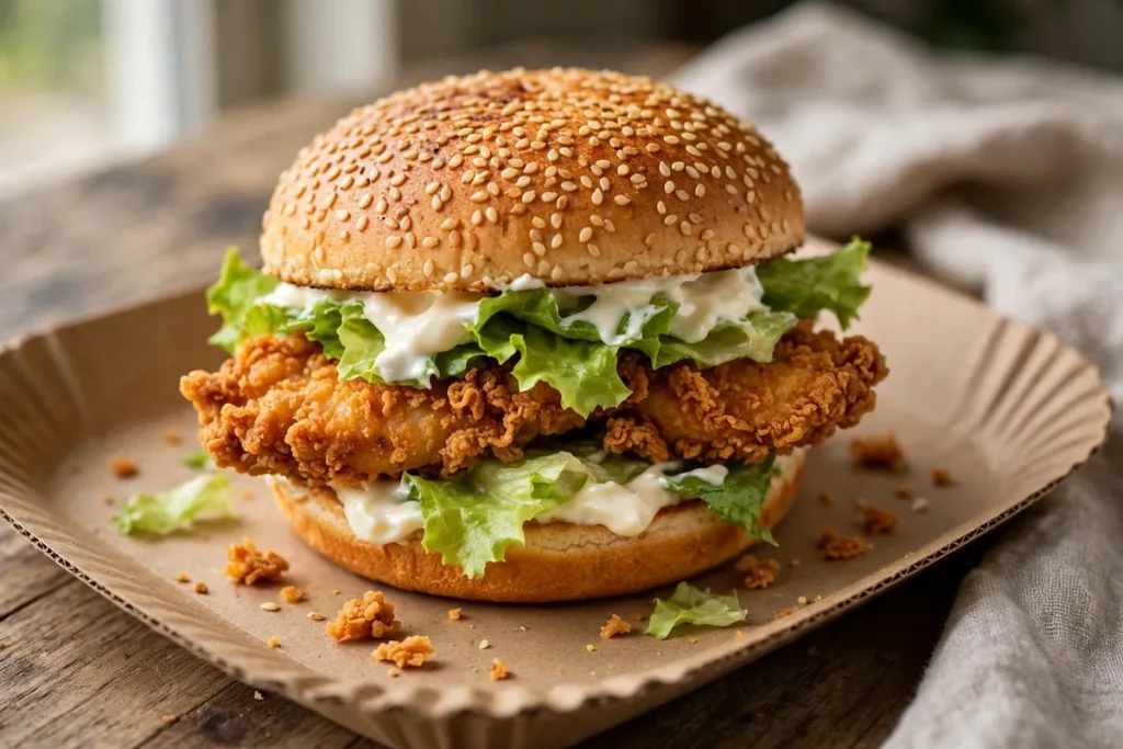 A crispy fried chicken sandwich with lettuce and mayonnaise in a sesame seed bun on a paper tray