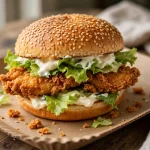A crispy fried chicken sandwich with lettuce and mayonnaise in a sesame seed bun on a paper tray
