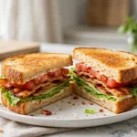BLT sandwich nutrition - a bacon lettuce and tomato sandwich on toast, cut in half showing its layers