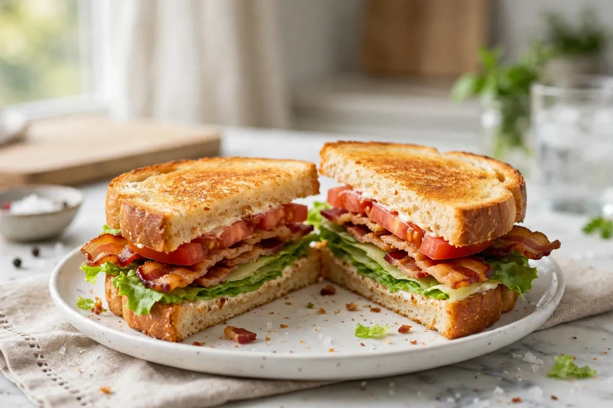 BLT sandwich nutrition - a bacon lettuce and tomato sandwich on toast, cut in half showing its layers