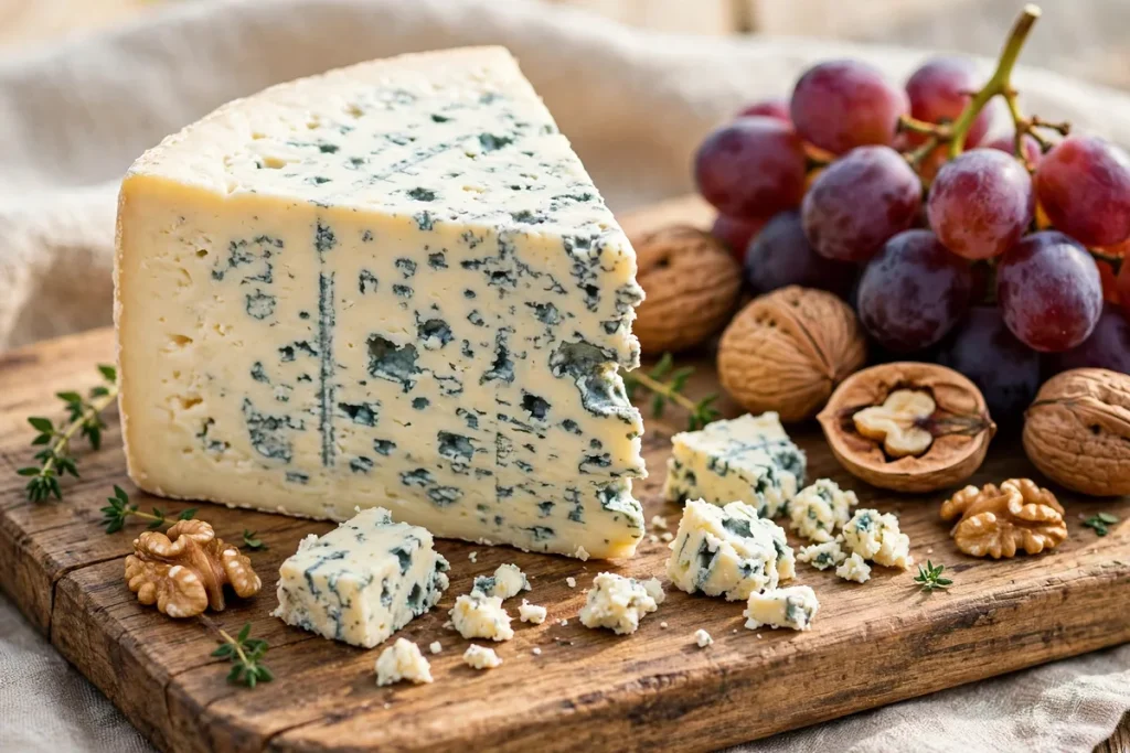 A wedge of blue cheese with crumbles, walnuts and grapes on a wooden board