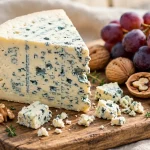A wedge of blue cheese with crumbles, walnuts and grapes on a wooden board