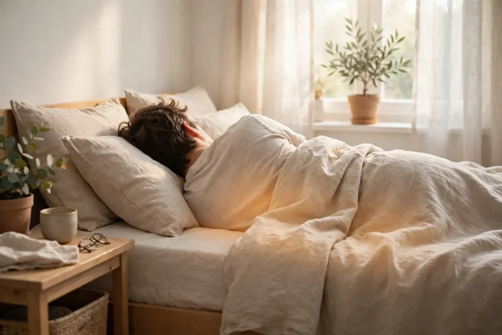 BMR meaning - a person resting in bed while the body burns calories to stay alive