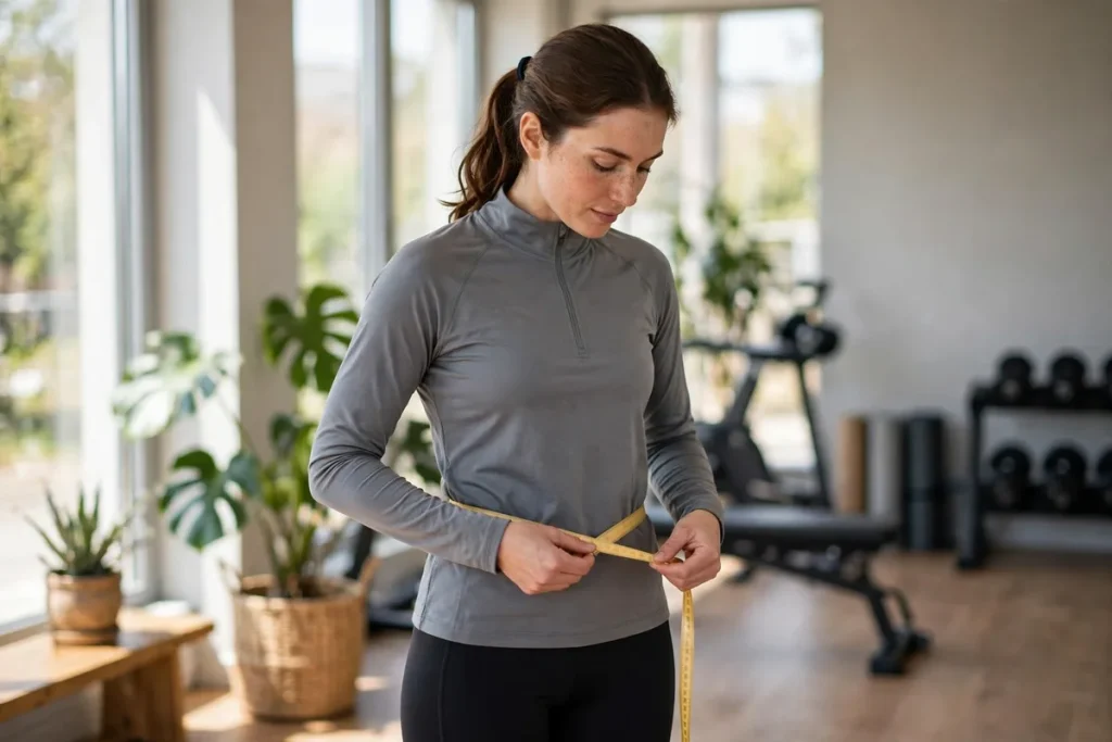 A woman in athletic clothes measuring her waist with a tape measure in a bright gym