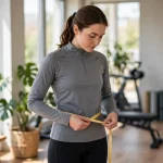 A woman in athletic clothes measuring her waist with a tape measure in a bright gym