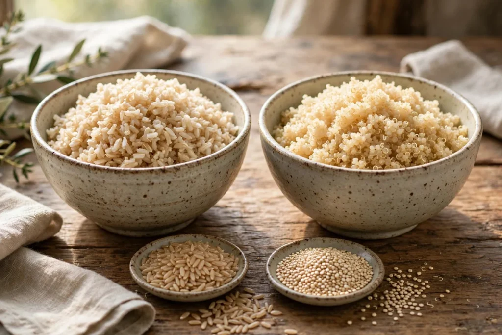 brown rice and quinoa — bowls of cooked brown rice and quinoa with raw grains in front