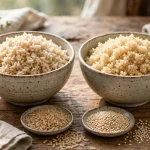 brown rice and quinoa — bowls of cooked brown rice and quinoa with raw grains in front