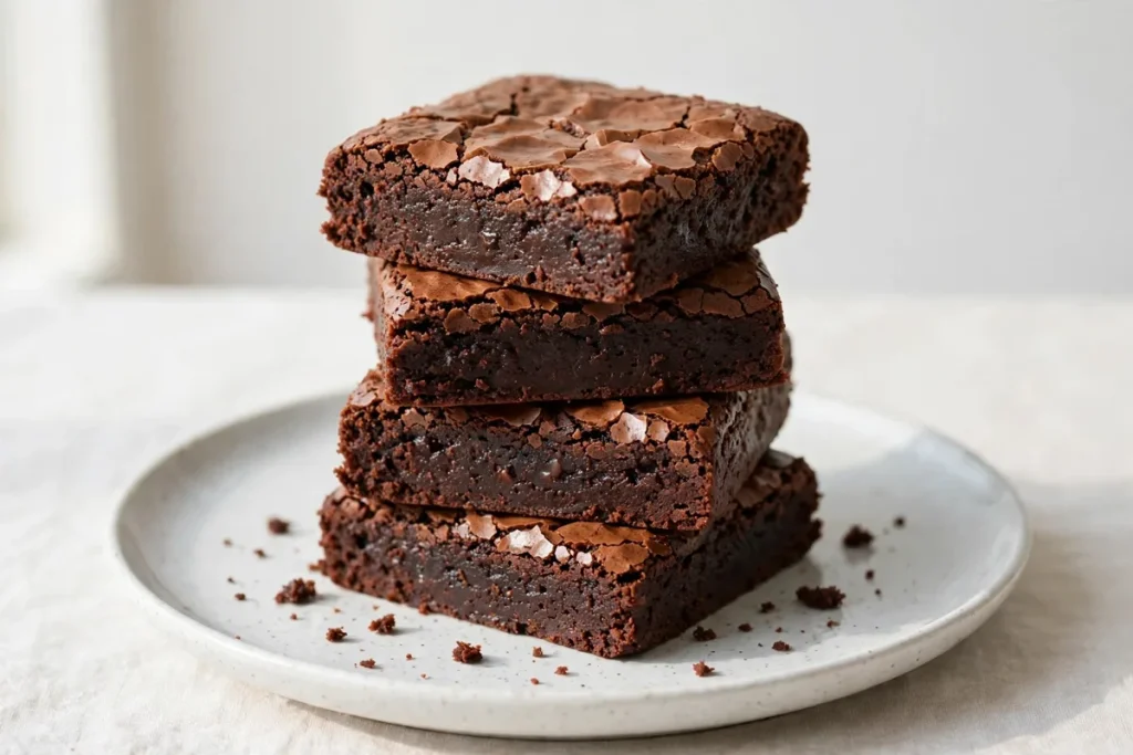 Stack of chocolate brownies with a crackly top on a plate