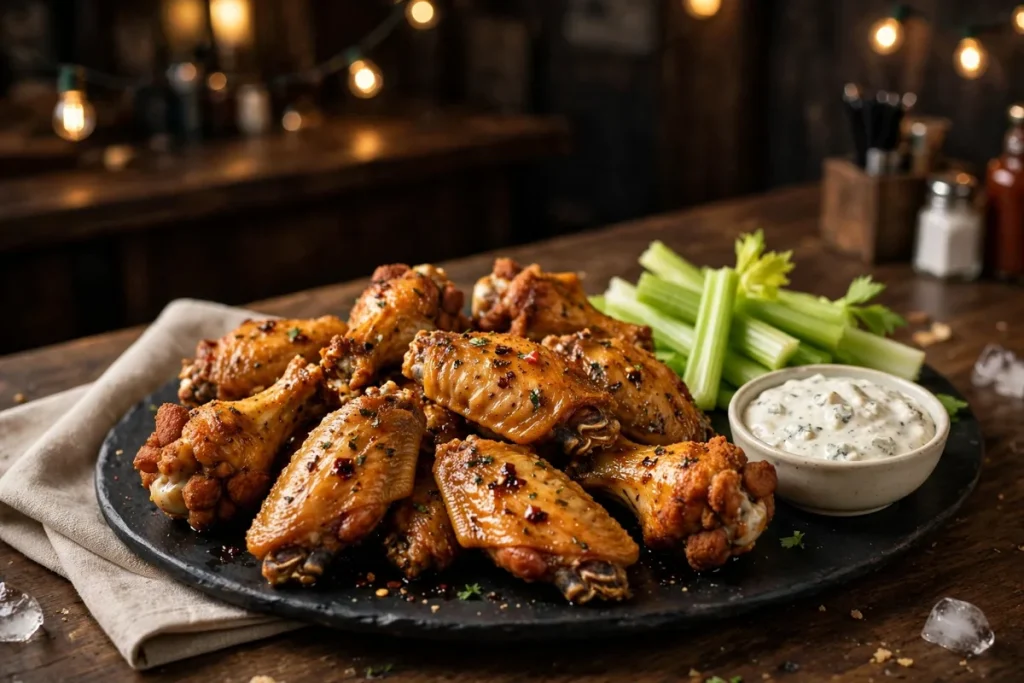 Platter of chicken wings with celery and dipping sauce