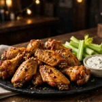 Platter of chicken wings with celery and dipping sauce