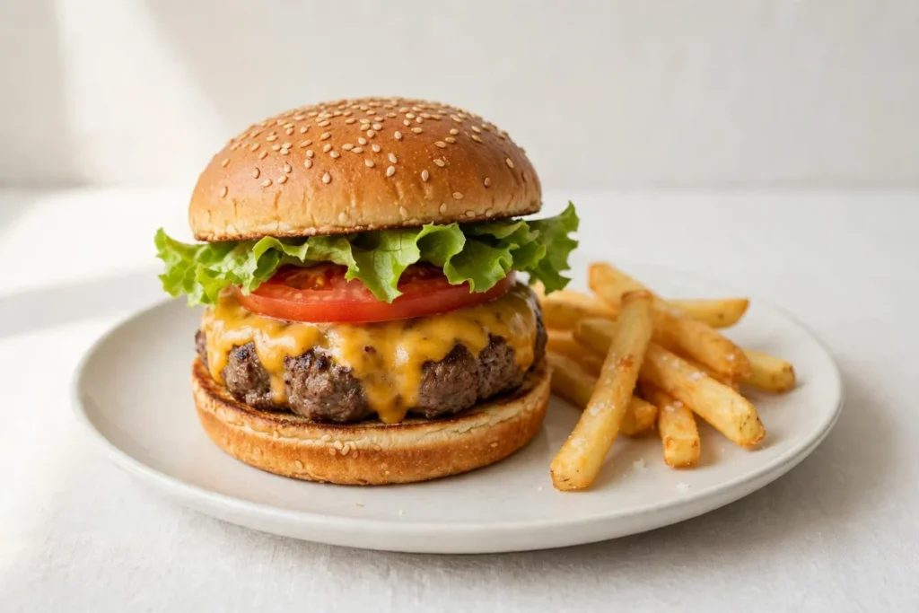 Classic beef burger with lettuce, tomato and cheese on a plate