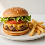 Classic beef burger with lettuce, tomato and cheese on a plate