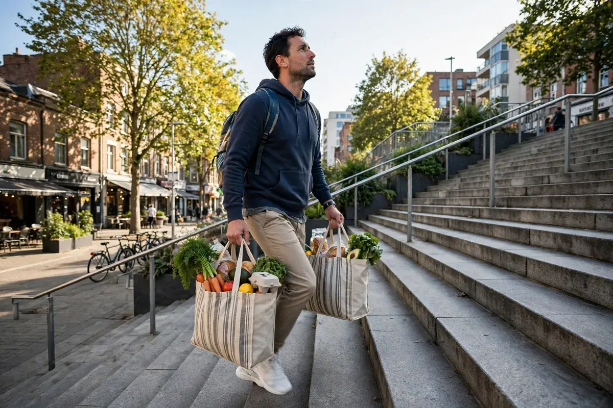 How can we burn calories - a man carrying grocery bags up outdoor city stairs as everyday exercise