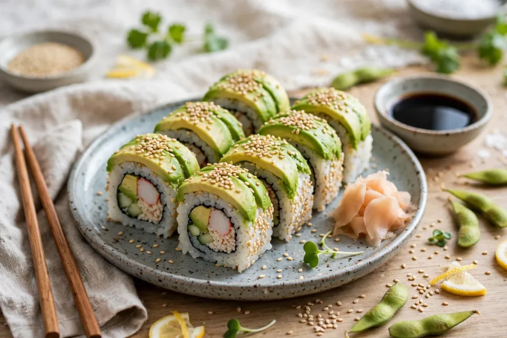 California sushi rolls with avocado, crab and sesame on a plate with chopsticks and soy sauce