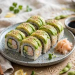California sushi rolls with avocado, crab and sesame on a plate with chopsticks and soy sauce
