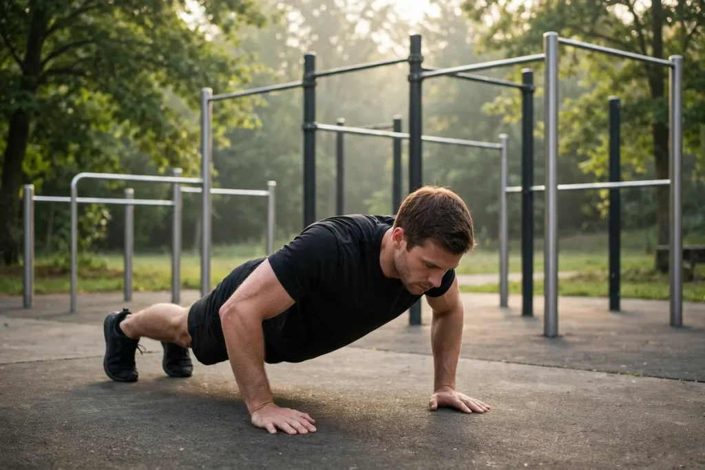 A man doing push-ups at an outdoor calisthenics park with pull-up bars behind him