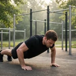 A man doing push-ups at an outdoor calisthenics park with pull-up bars behind him