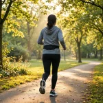 Calories burned walking - a woman walking briskly on a park path in the morning