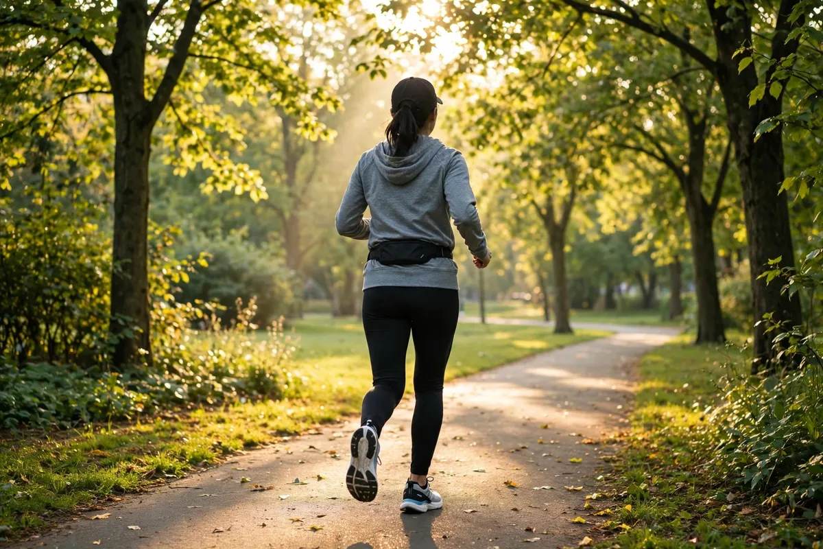 Calories burned walking - a woman walking briskly on a park path in the morning