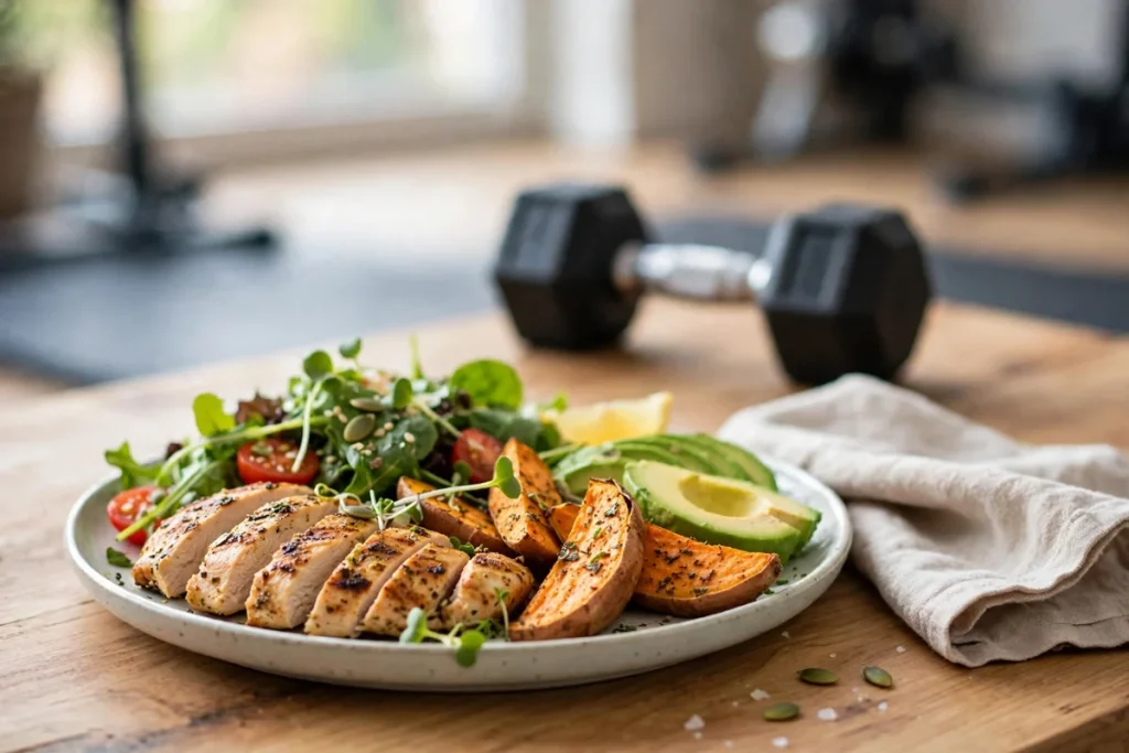 how much calories for glute gain — a high-protein meal plate with chicken, sweet potato and avocado near a dumbbell