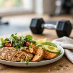 how much calories for glute gain — a high-protein meal plate with chicken, sweet potato and avocado near a dumbbell