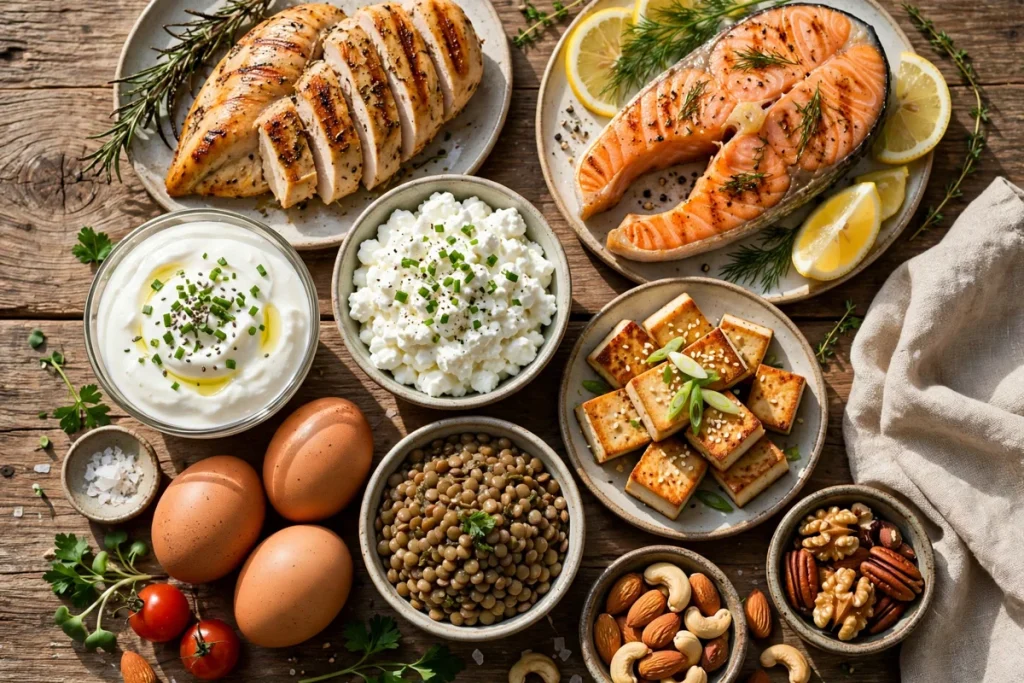 calories in protein — high-protein foods including chicken, salmon, eggs, yogurt, tofu and lentils on a table