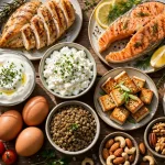 calories in protein — high-protein foods including chicken, salmon, eggs, yogurt, tofu and lentils on a table