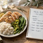 Balanced meal plate with grilled chicken, rice and vegetables next to a meal-plan notebook