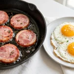 Round Canadian bacon slices sizzling in a pan with a breakfast plate