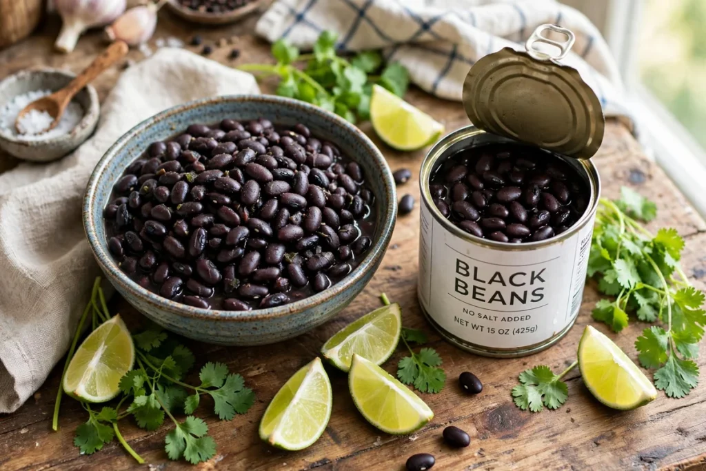 bowl of black beans with an open can of black beans