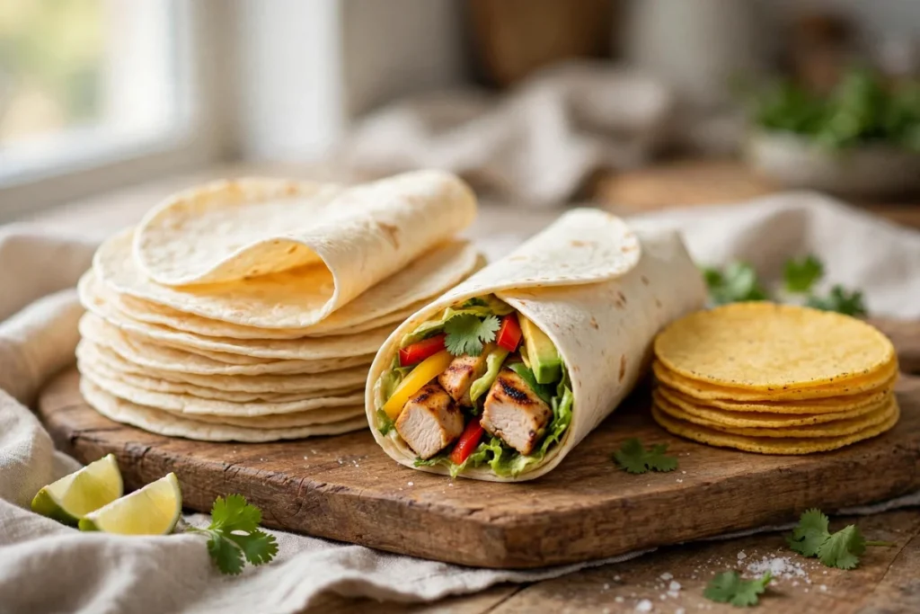 carb counter tortillas — a stack of soft flour tortillas beside a chicken wrap and corn tortillas