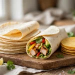 carb counter tortillas — a stack of soft flour tortillas beside a chicken wrap and corn tortillas