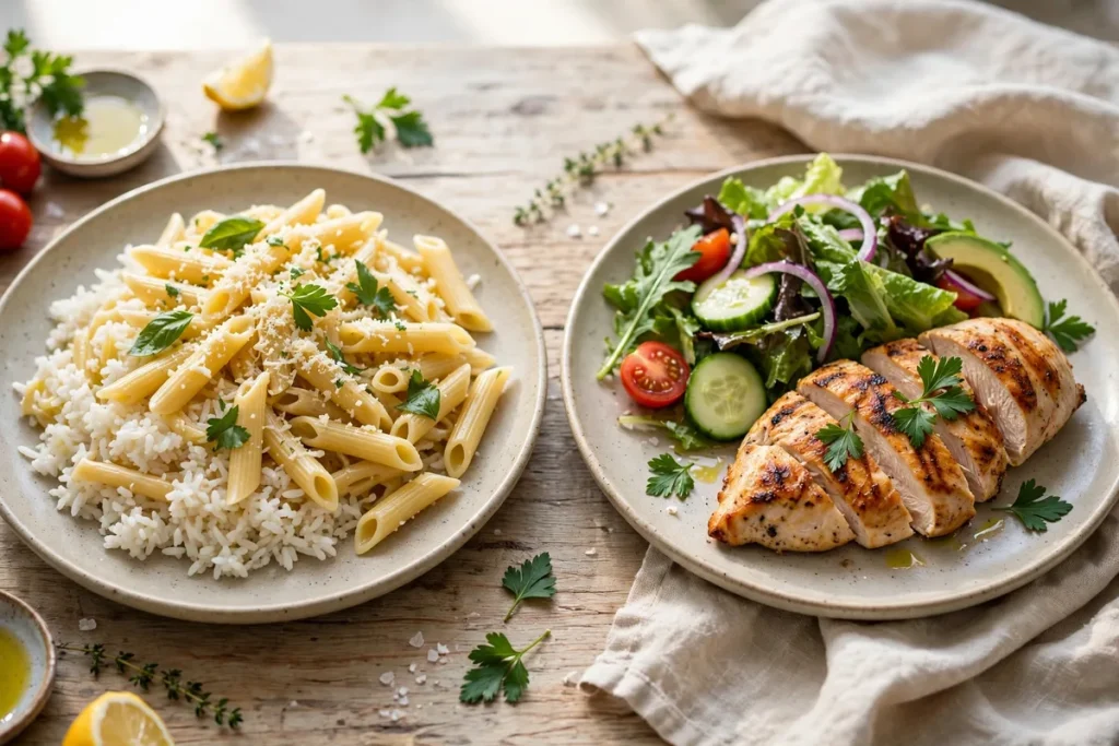 Two plates side by side: a high carb plate of pasta and rice, and a low carb plate of grilled chicken with salad
