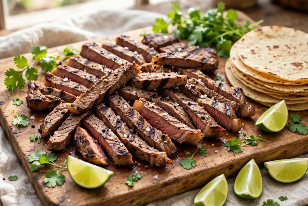 Sliced grilled carne asada with lime and tortillas