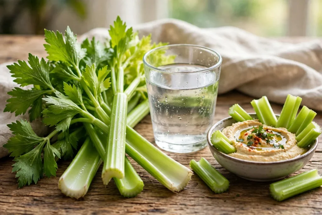 Fresh celery stalks with leafy tops beside a glass of water and celery sticks with hummus
