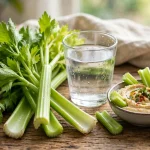 Fresh celery stalks with leafy tops beside a glass of water and celery sticks with hummus
