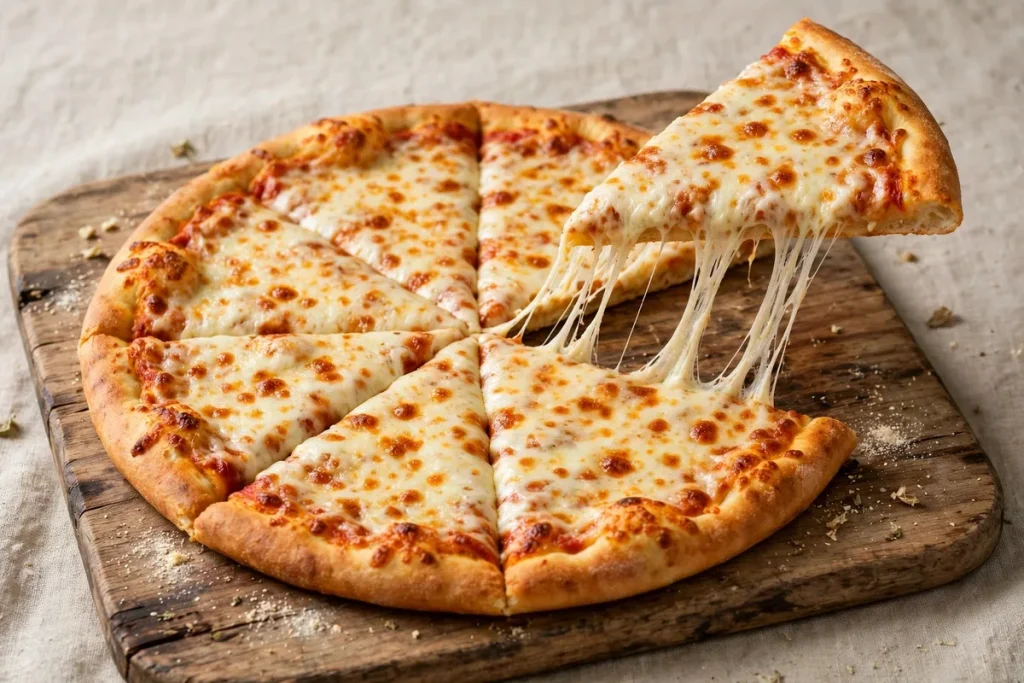 A cheese pizza on a wooden board with one slice being lifted away with a long cheese pull