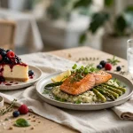 Slice of cheesecake with berry topping beside a restaurant entree