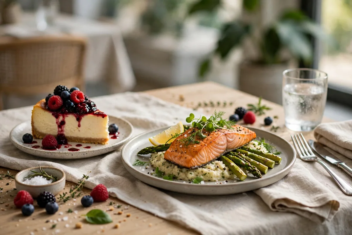 Slice of cheesecake with berry topping beside a restaurant entree