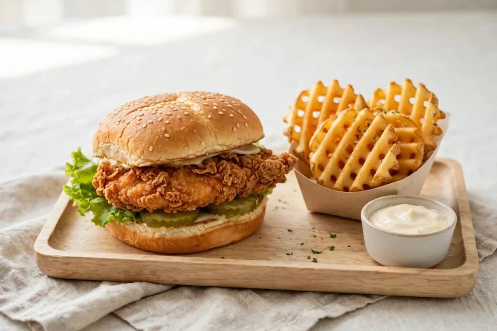 Crispy chicken sandwich with waffle fries and a sauce cup