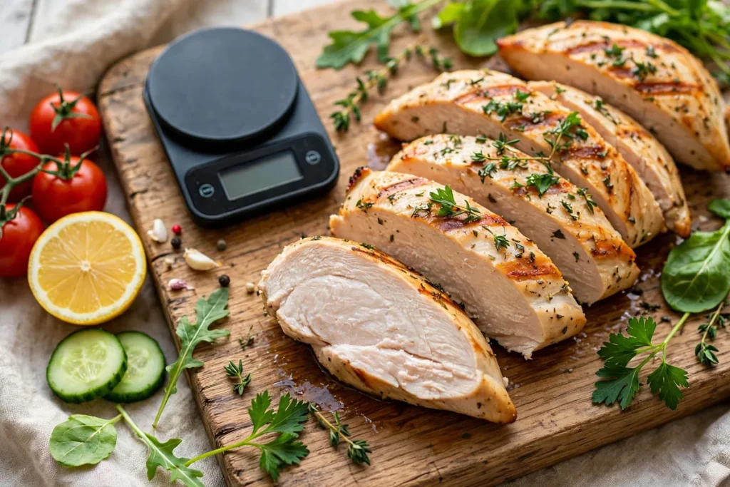 Chicken breast calories - sliced grilled chicken breast on a board next to a kitchen scale and vegetables