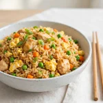 Bowl of chicken fried rice with peas, carrots and egg