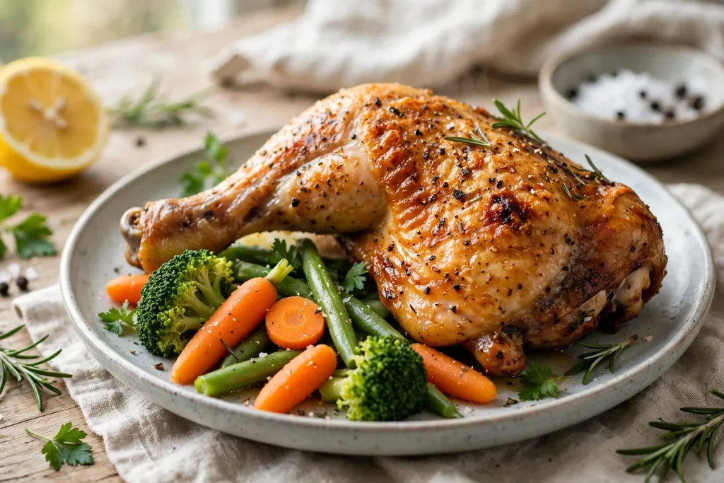 roasted chicken leg quarter with crispy golden skin and steamed vegetables