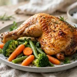 roasted chicken leg quarter with crispy golden skin and steamed vegetables