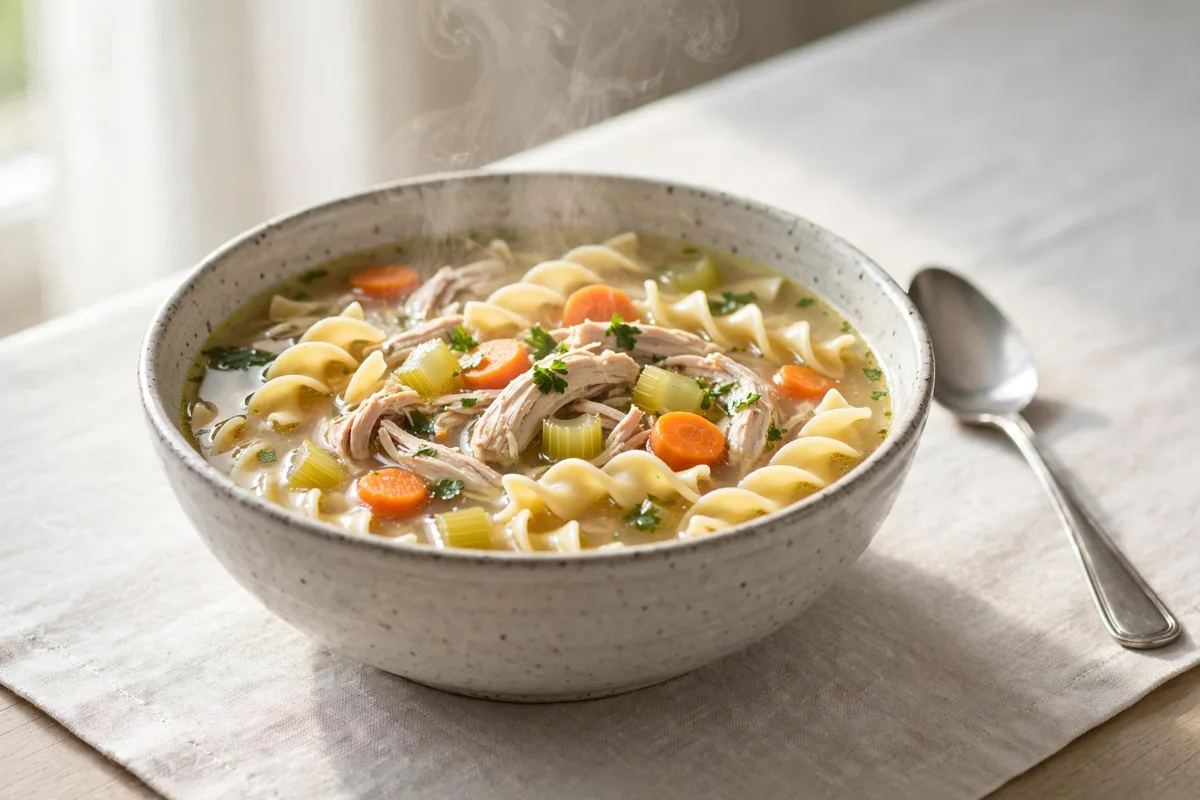 Bowl of chicken noodle soup with carrots and celery