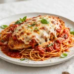 Chicken parmesan with melted mozzarella, tomato sauce and spaghetti
