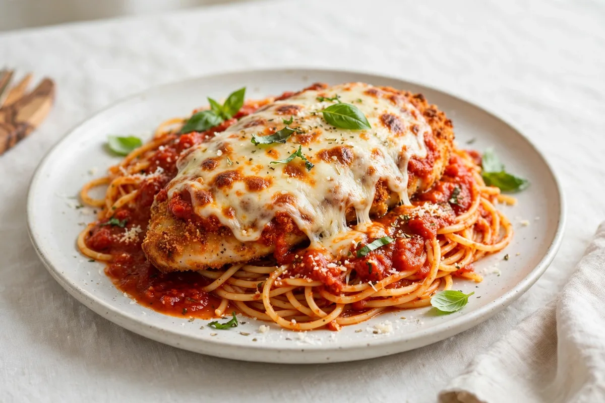 Chicken parmesan with melted mozzarella, tomato sauce and spaghetti