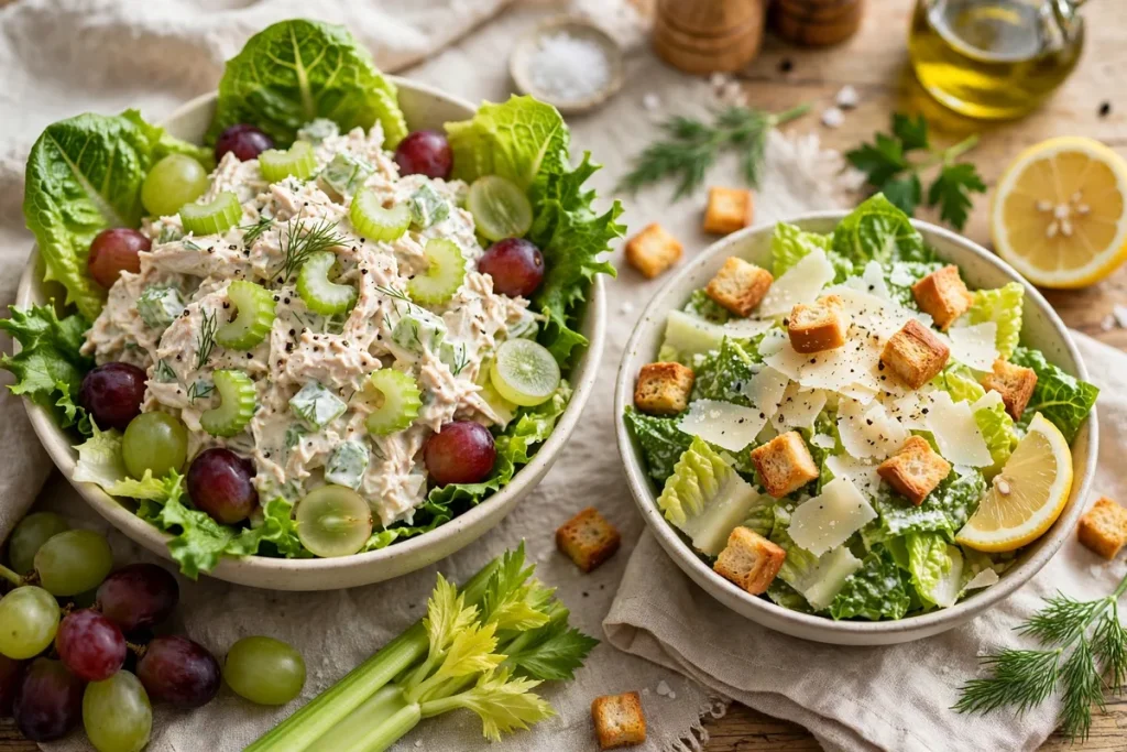A bowl of chicken salad with celery and grapes next to a Caesar salad with parmesan and croutons