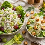 A bowl of chicken salad with celery and grapes next to a Caesar salad with parmesan and croutons